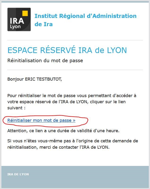 Extranet élèves - Mail de réinitialisation du mot de passe, avec lien 'réinitialiser mon mot de passe'